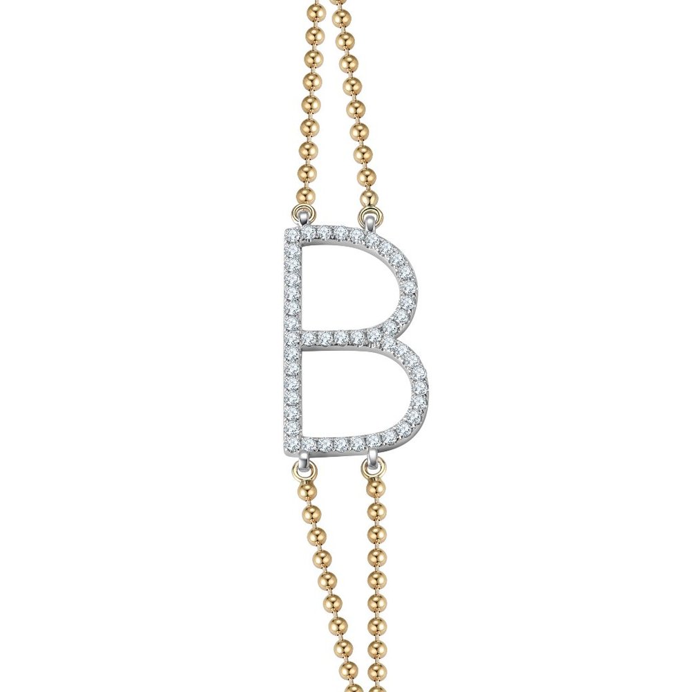 Diamond Studded B Initial 14K (or 18k upon request) Gold Pendant Bracelet